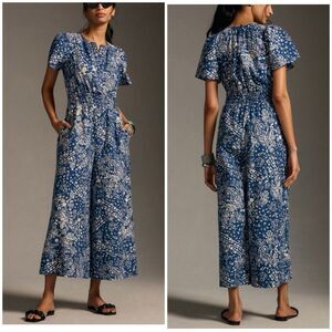 Anthropologie The Somerset Jumpsuit Blue Floral Wide Leg Button Front Size XS